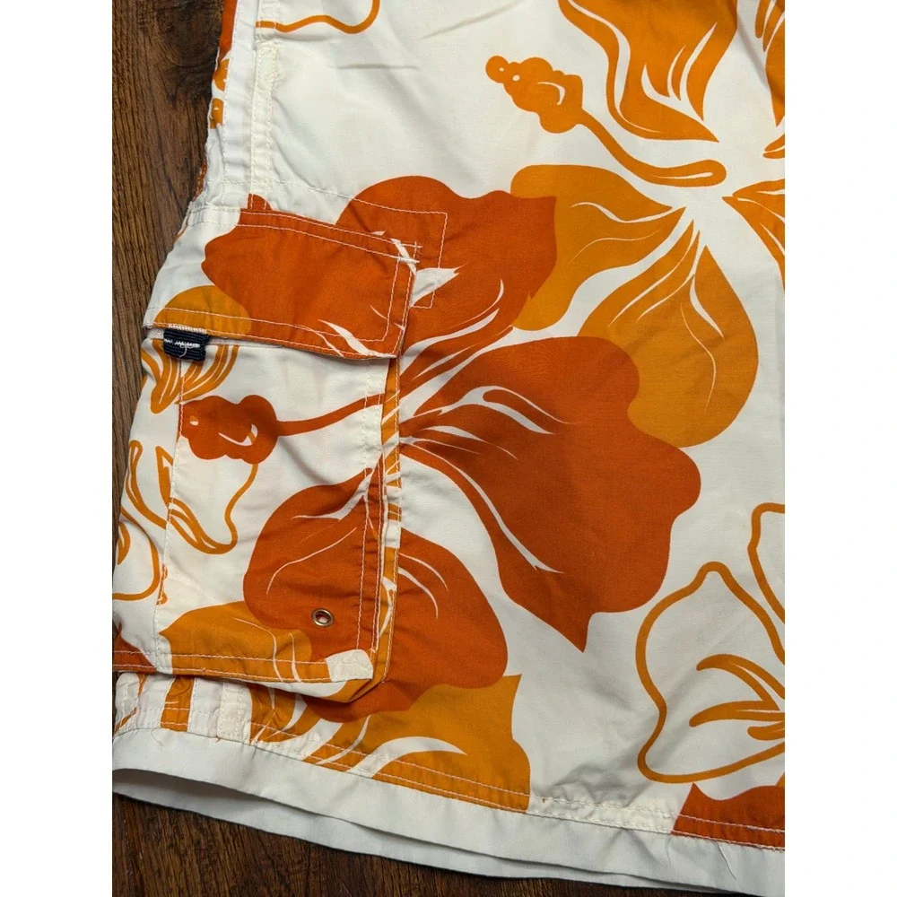 Exist Supreme Board Shorts Mens Medium Orange White Hibiscus Floral Cargo Trunks